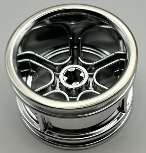 7301 Chrome Silver Wheel Shelby 30.4mm D. x 20mm with Axle Hole, 6 Curved Spokes and Spinner Cap  Custom Chromed by BUBUL